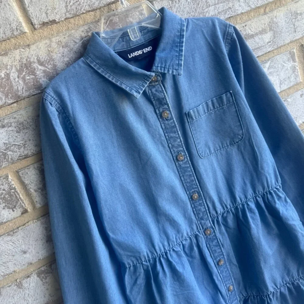 Lands' End Long Sleeve Button Up Collared Tiered Dress Girl's Size 7/8